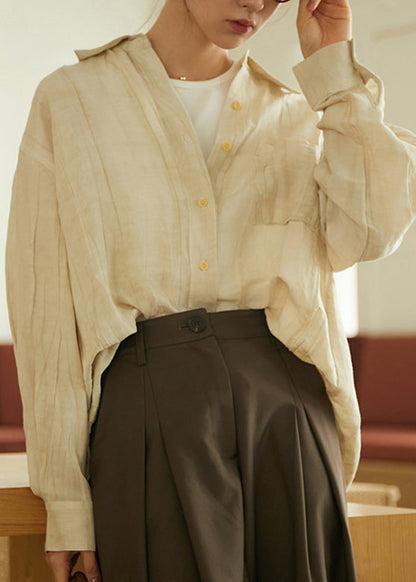 Apricot Peter Pan Collar Wrinkled Button Shirts Long Sleeve