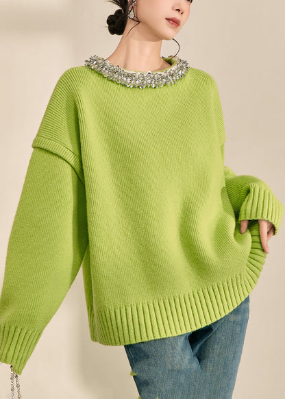 Green O-neck Patchwork Cotton Knit Sweater Long Sleeve Fall