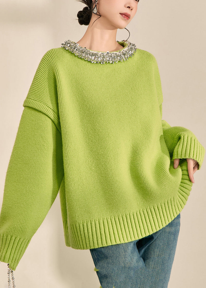 Green O-neck Patchwork Cotton Knit Sweater Long Sleeve Fall