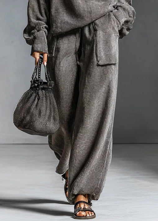 Grey Hooded Zippered Elastic Waist Two Pieces Set Spring