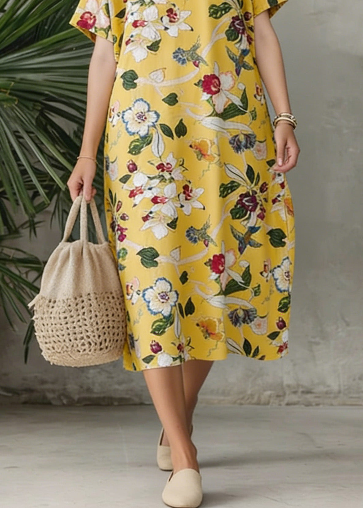 Yellow V Neck Print Loose Cotton Dress Summer