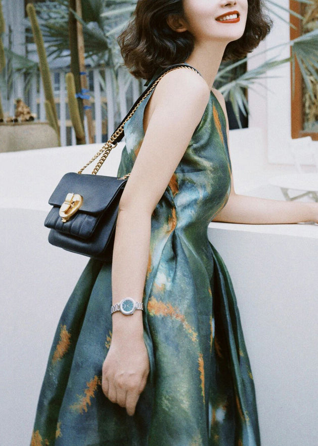 French Green Print High Waist Silk Long Dress Sleeveless Summer