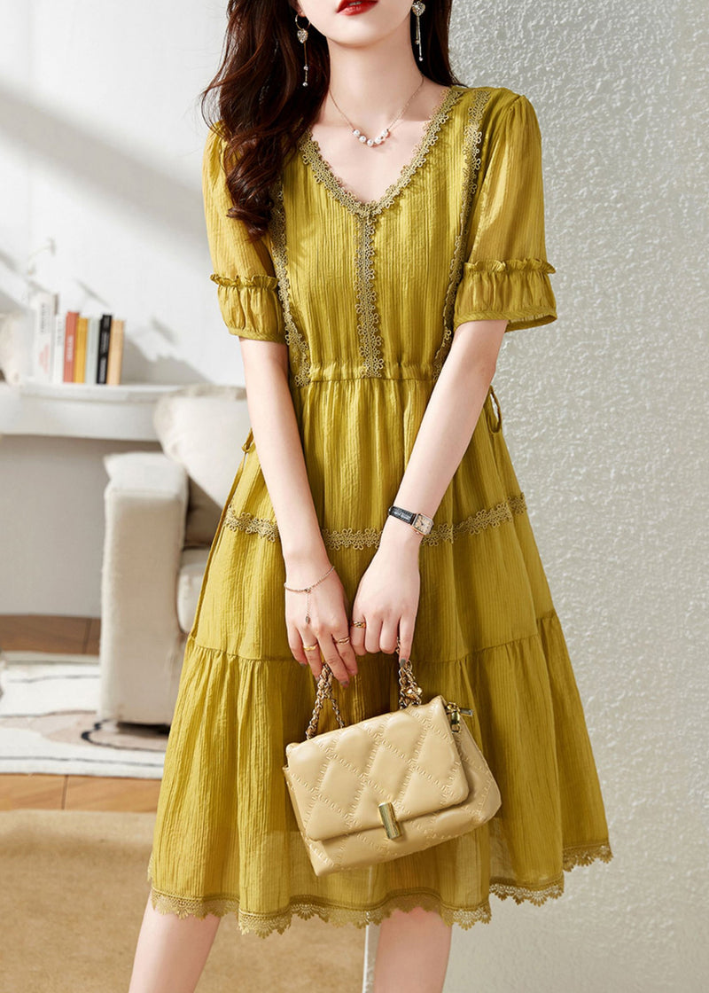 French Yellow V Neck Patchwork Cotton Party Dress Summer