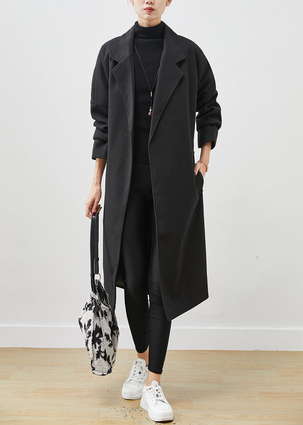 Black Peter Pan Collar Tie Waist Woolen Coats Spring