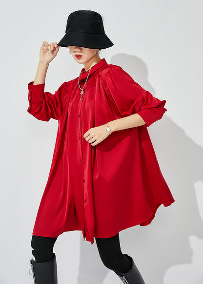 Red Stand Collar Oversized Wrinkled Silk Shirt Top Spring
