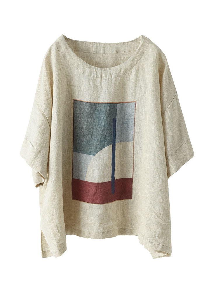 Linen Colour Print Linen Tank O-neck Oversized Short Sleeve