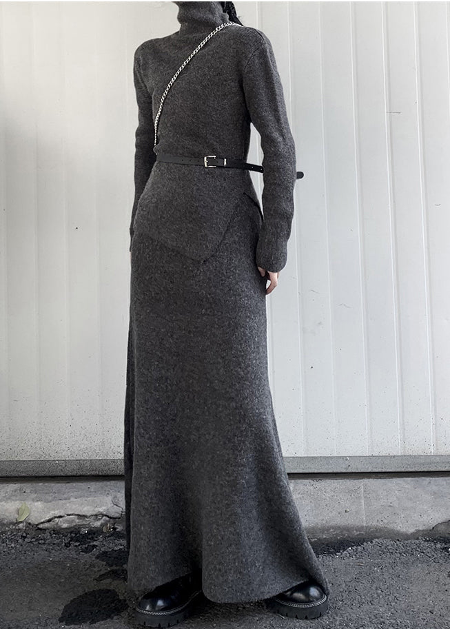 Grey Turtle Neck Asymmetrical Design Knit Two Pieces Set Winter