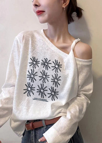 White Asymmetrical One Shoulder Print Top Fall