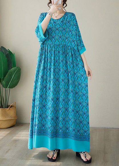 Blue Print Cotton Long Dress O Neck Summer