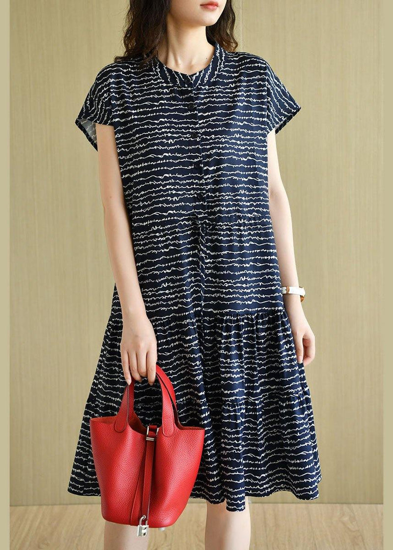 Organic Navy O-neck Button Print Summer Short Sleeve Dress