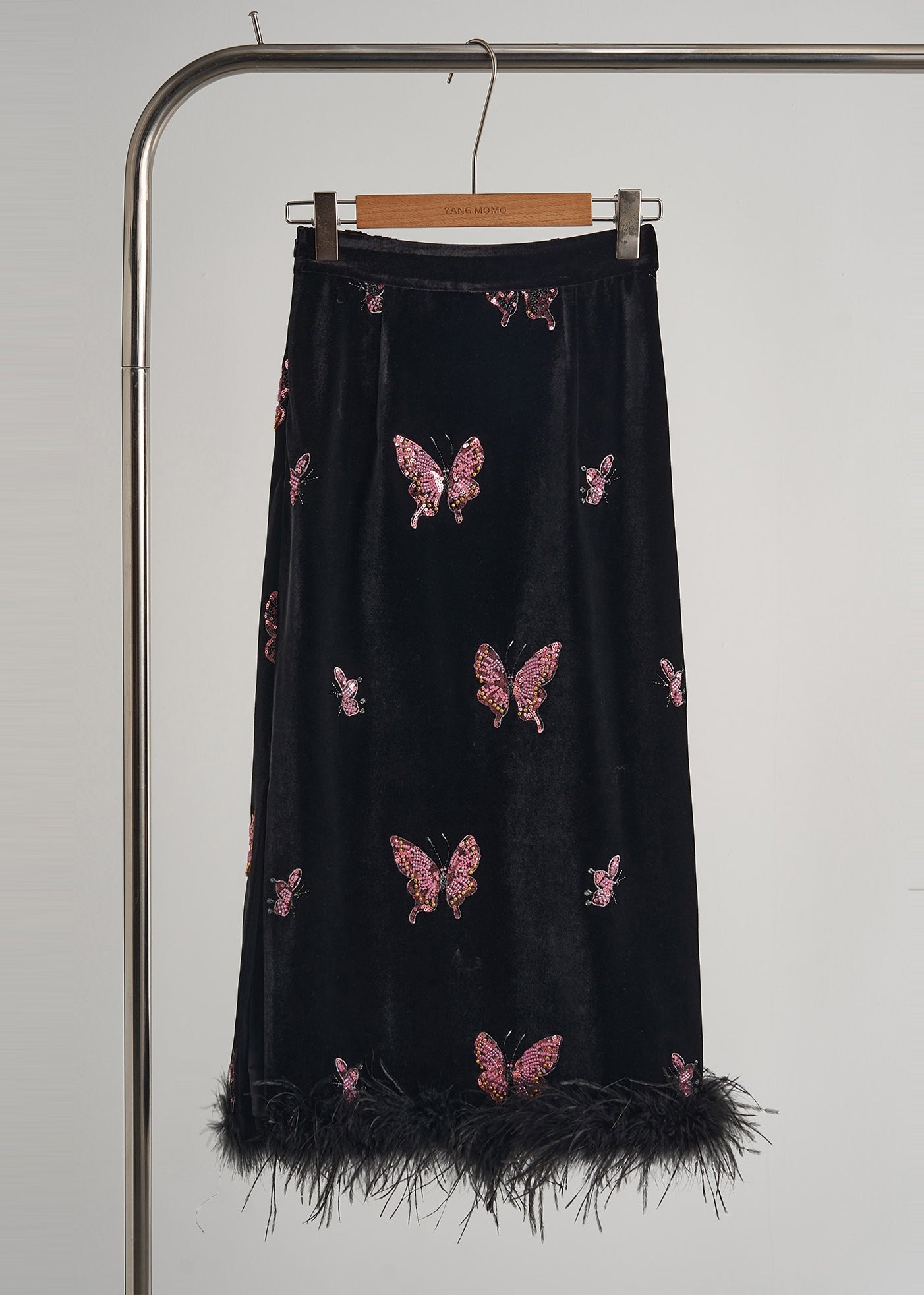 Black Butterfly Patchwork Feather Silk Velvet Two Piece Set Clothing Fall