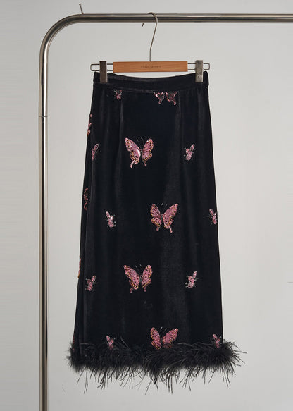 Black Butterfly Patchwork Feather Silk Velvet Two Piece Set Clothing Fall