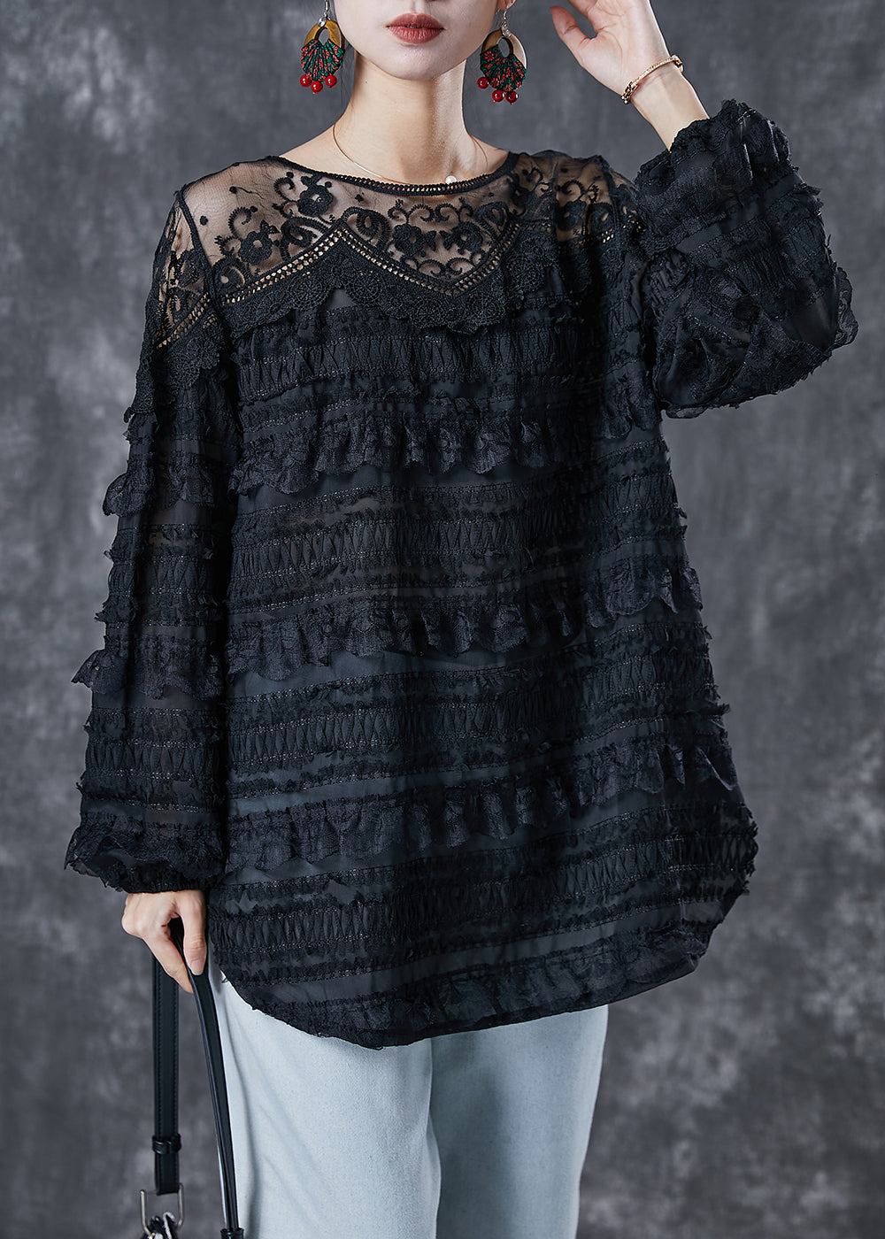 Black Hollow Out Patchwork Lace Top Spring