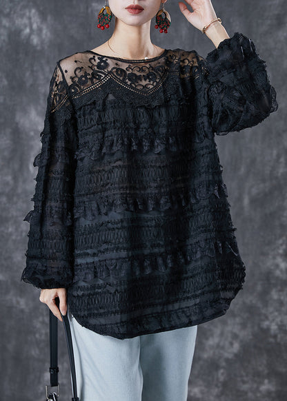 Black Hollow Out Patchwork Lace Top Spring