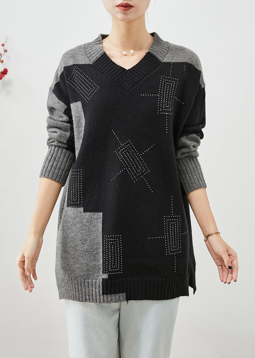 Colorblock V Neck Patchwork Thick Knitted Tops Winter