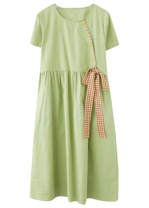 Handmade Green Loose Cotton Linen Summer Party Dress