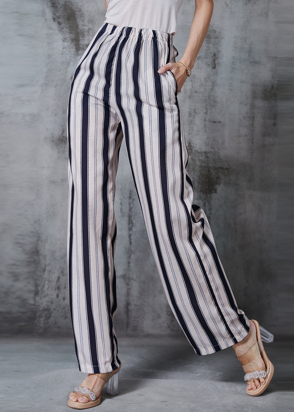 Apricot Striped Cotton Straight Pants Fall