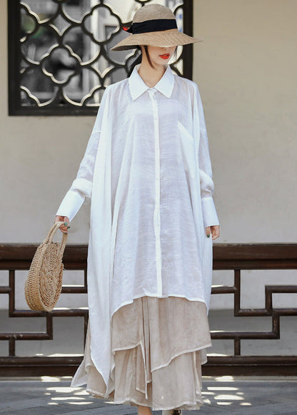 White Asymmetrical Design Peter Pan Collar Linen Long Shirt Long Sleeve