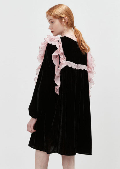 Black Stand Collar Patchwork Ruffled Velour Mid Dresses Spring
