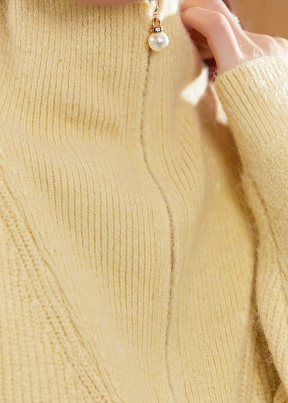 Yellow Zip Up Patchwork Warm Woolen Sweater Tops Fall