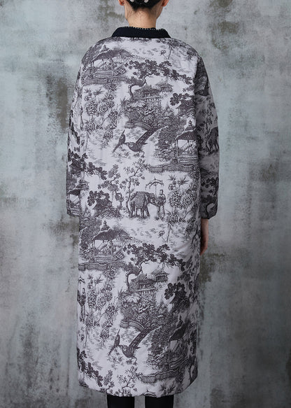 Grey Print Pockets Fine Cotton Filled Coats Winter