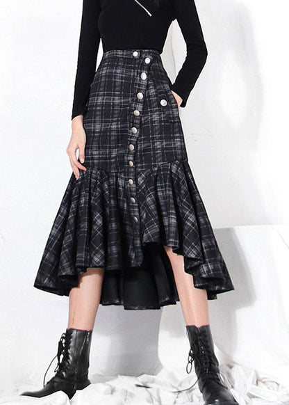 Black Low High Design Ruffles Plaid Skirt Spring