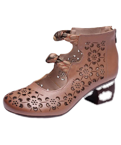 Brown High Heels Chunky Cowhide Leather Hollow Out High Heels