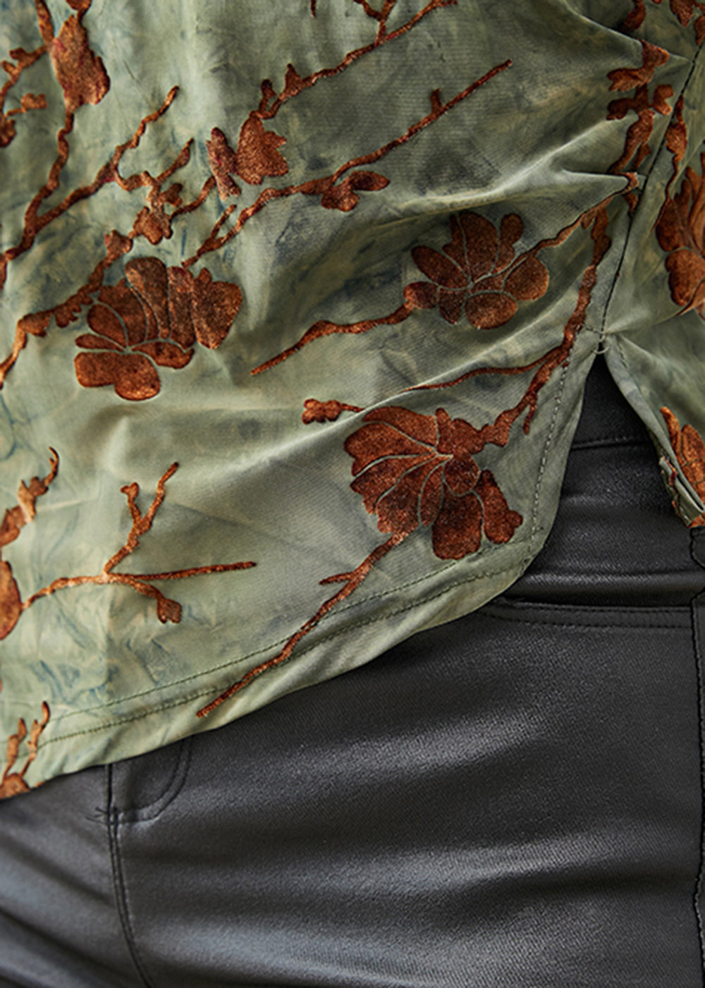 Green Jacquard Asymmetrical Silm Fit Velour Blouses Spring