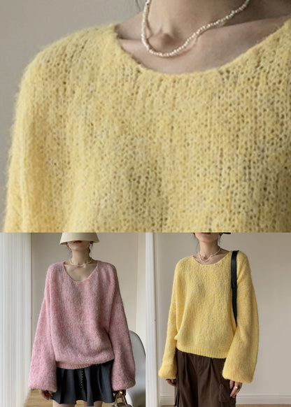 Yellow Cotton Knit Pullover Sweater V Neck Winter
