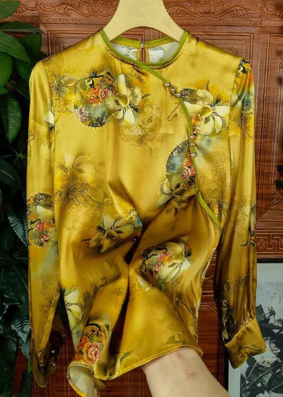 Yellow Button Print Patchwork Silk Shirts Long Sleeve