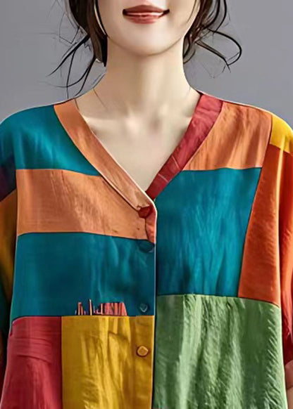 Colorblock Asymmetrical Patchwork Applique Linen Shirt Top Summer