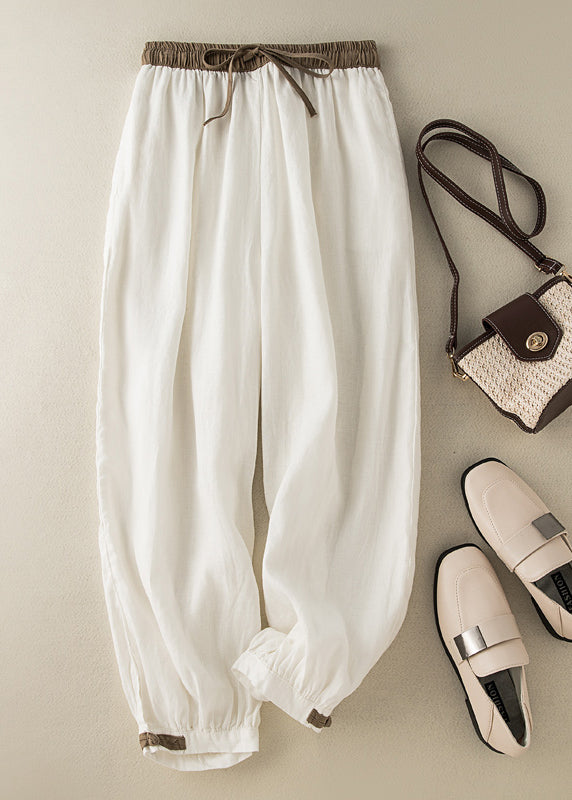 Green Elastic Waist Thin Linen Crop Pants Summer