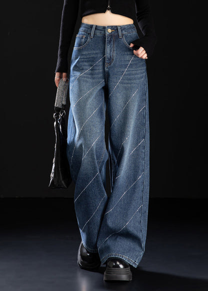 Stylish Blue Pockets Zircon Warm Fleece Denim Pants Spring