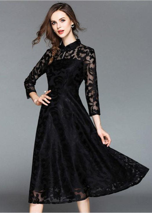 Black Embroideried Lace Dress Stand Collar Fall