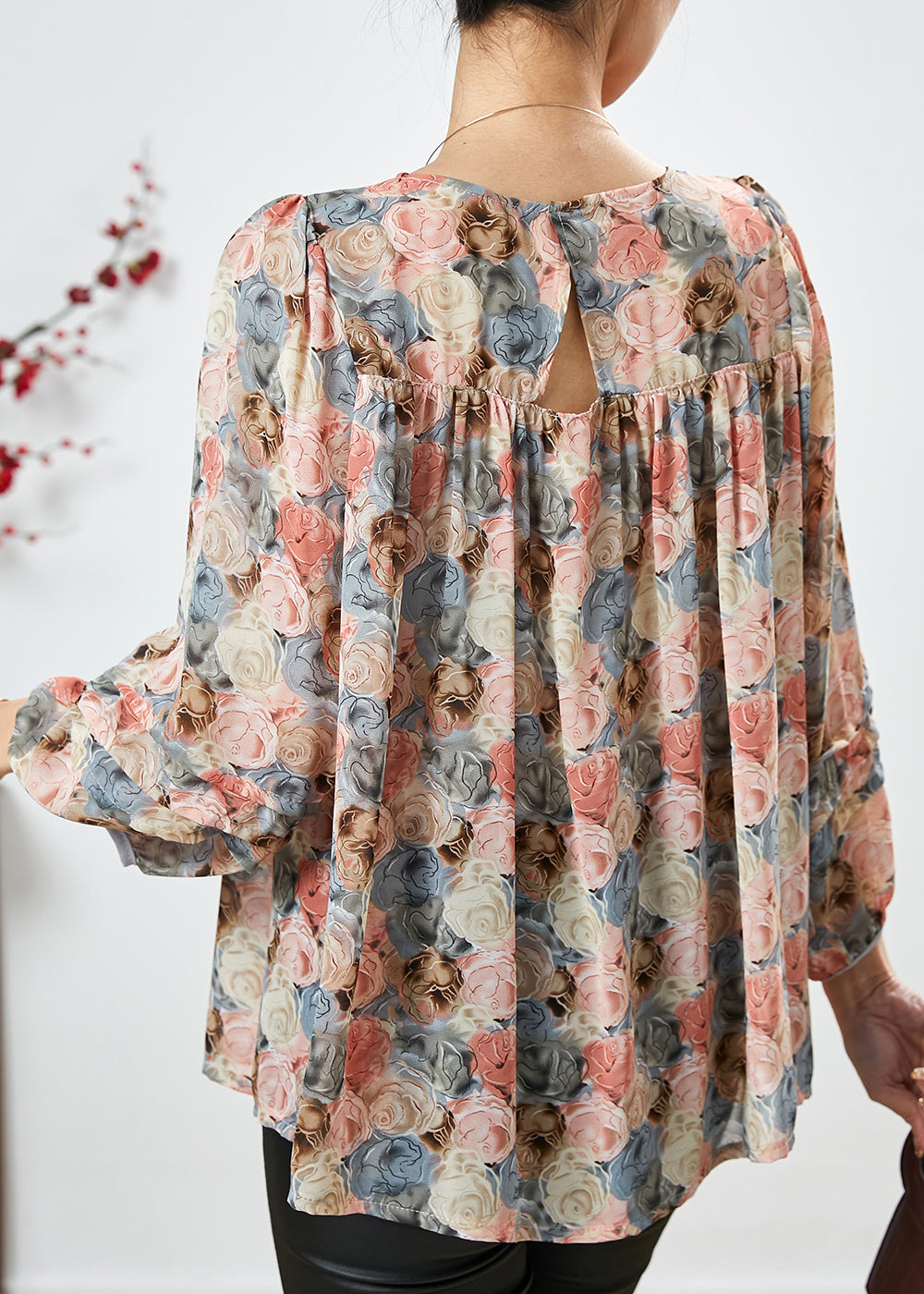 Apricot Square Collar Print Chiffon Top Bracelet Sleeve