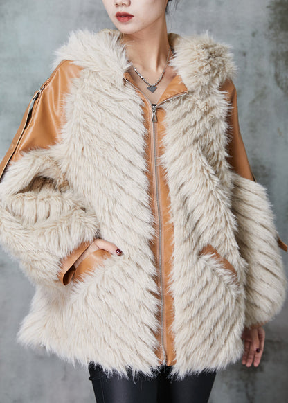 Handmade Apricot Hooded Patchwork Faux Leather and Fur Jacket Winter