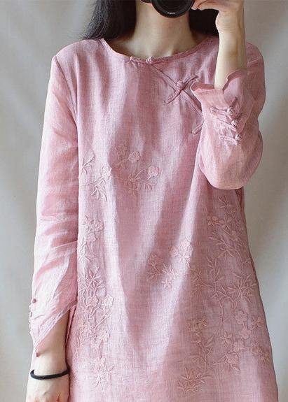 Classy O Neck Chinese Button Clothes for Shape Pink Embroidery Shirt