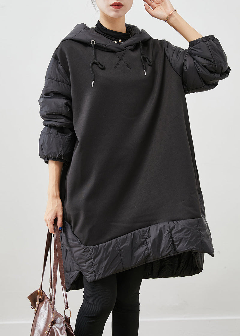 Black Hooded Patchwork Thick Cotton Pullover Sweatshirt Dress Fall