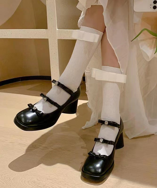 White Chunky Heels Cowhide Leather Splicing Bow