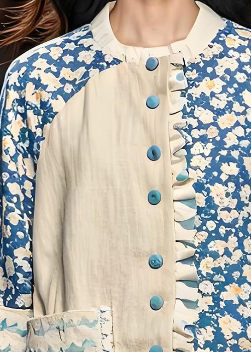 Ruffled Print Pockets Patchwork Cotton Coats Spring