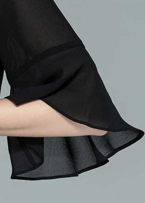 Black Wrinkled Chiffon Shirts V Neck Half Sleeve