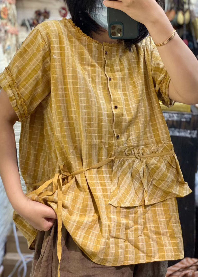 Boutique Yellow Ruffled Loose Plaid Linen Shirt Top Short Sleeve
