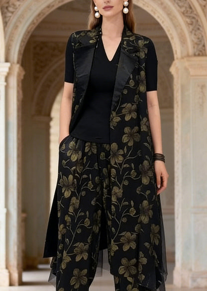 New Black Vest and Pants Jacquard Silk Two Pieces Set Summer