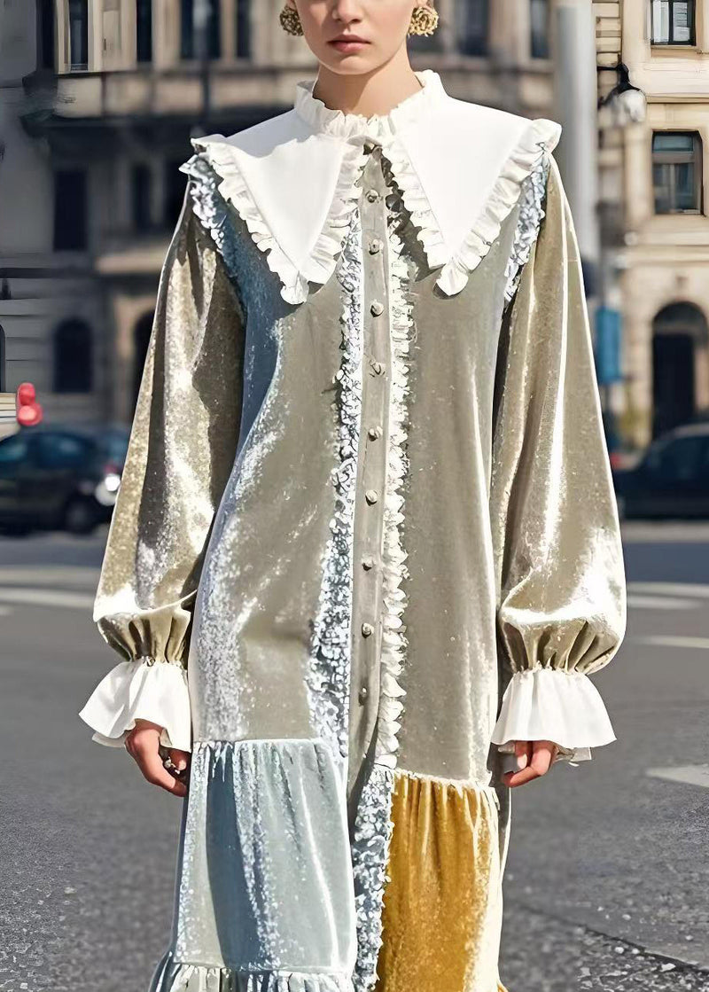 French Peter Pan Collar Patchwork Silk Velour Robe Dresses Spring