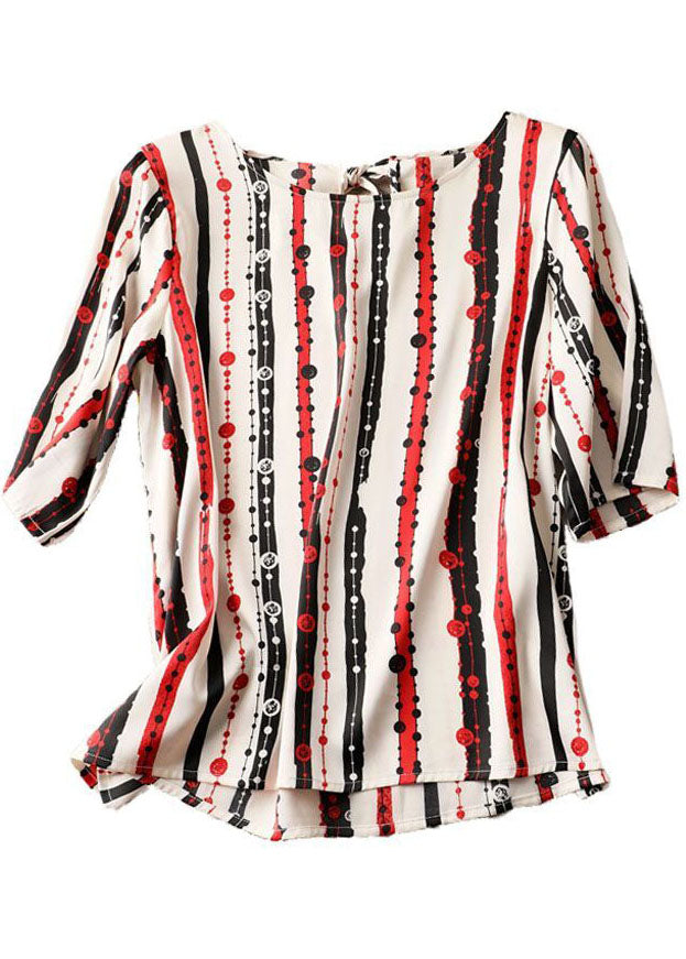 Classy Red O-neck Striped Chiffon Shirt Tops Half Sleeve