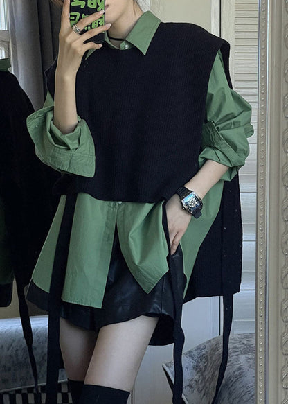 Natural Green Asymmetrical Patchwork Knit Waistcoat and Shirts Two Piece Set Fall