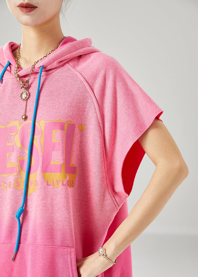 Pink Hooded Letter Pockets Cotton Sweatshirt Summer