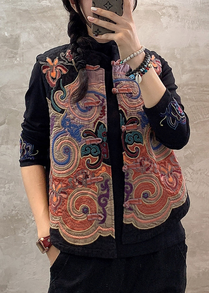 Retro Black Stand Collar Embroideried Button Waistcoat Fall