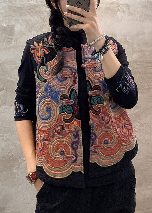Retro Black Stand Collar Embroideried Button Waistcoat Fall