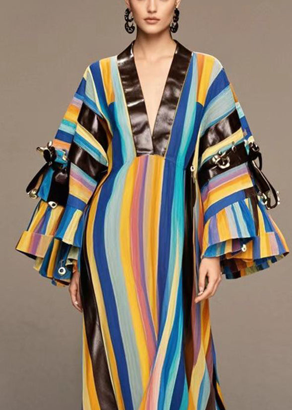 Rainbow Striped Patchwork Pu Rivet Cotton Maxi Dresses Fall